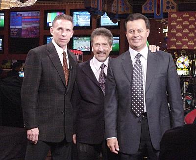 Anthony Curtis, Nick Kallos and contestant Manny Abeyta on the set of "Vegas Challenge: The Tournament"